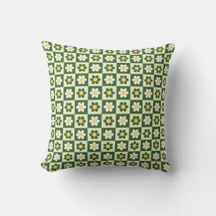 Retro Sage Green and Cream Daisy Chequerboard Cushion