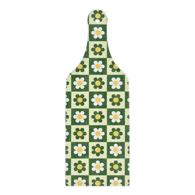 Retro Sage Green and Cream Daisy Chequerboard  Cutting Board (Front)