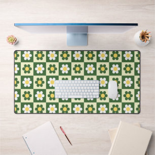 Retro Sage Green and Cream Daisy Chequerboard Desk Mat