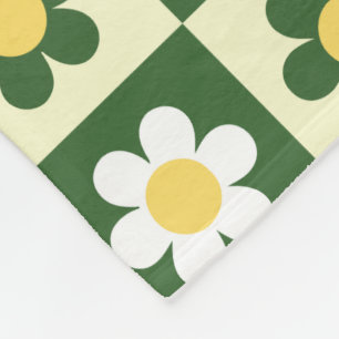 Retro Sage Green and Cream Daisy Chequerboard  Fleece Blanket