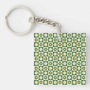 Retro Sage Green and Cream Daisy Chequerboard  Key Ring