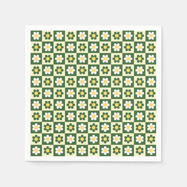 Retro Sage Green and Cream Daisy Chequerboard  Napkin (Front)