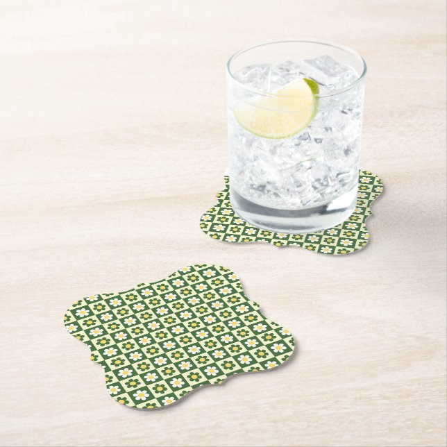 Retro Sage Green and Cream Daisy Chequerboard  Paper Coaster (Insitu)