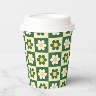 Retro Sage Green and Cream Daisy Chequerboard Paper Cups