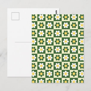 Retro Sage Green and Cream Daisy Chequerboard Postcard