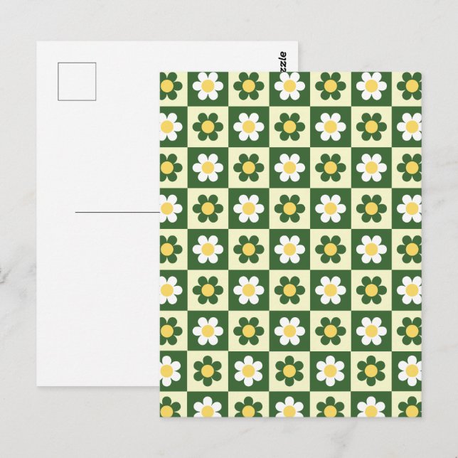 Retro Sage Green and Cream Daisy Chequerboard  Postcard (Front/Back)