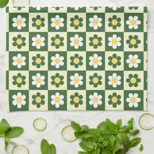 Retro Sage Green and Cream Daisy Chequerboard  Tea Towel (Folded)