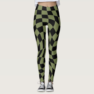 Retro Sage Green & Black Wavy Chequered Leggings