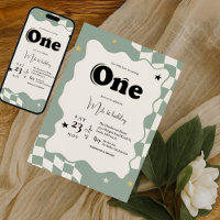 Retro Sage Green Checkered Groovy One 1st Birthday
