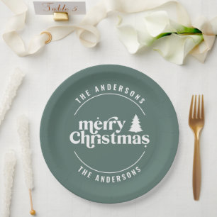 Retro Sage Green Christmas Modern Minimal Unique Paper Plate
