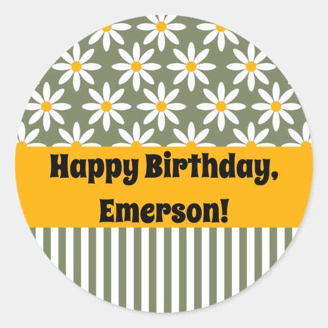 Retro Sage Green Daisies Floral Pattern     Classic Round Sticker (Front)