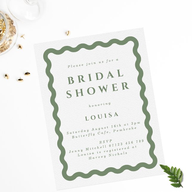 Retro Sage Green Squiggle Frame Bridal Shower Invitation (Creator Uploaded)