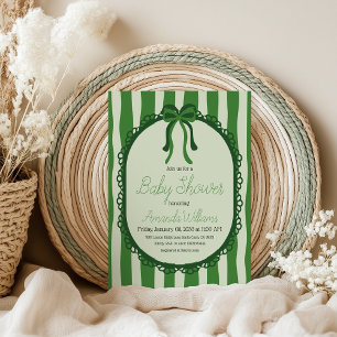 Retro Sage Green Stripes Bow Baby Shower Invitation