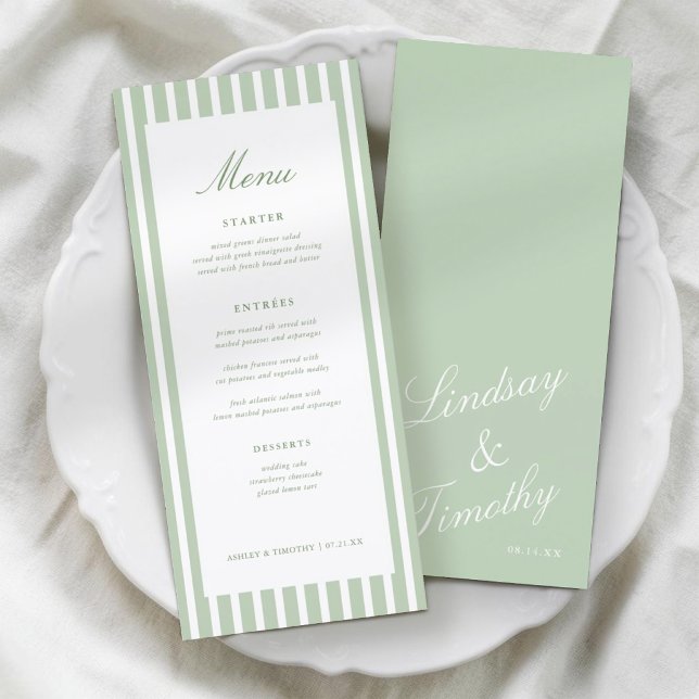 Retro Sage Green Stripes Wedding Table Menu Cards (Creator Uploaded)