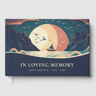 Retro Sailing Boat Moon Funeral Memorial Guest Book