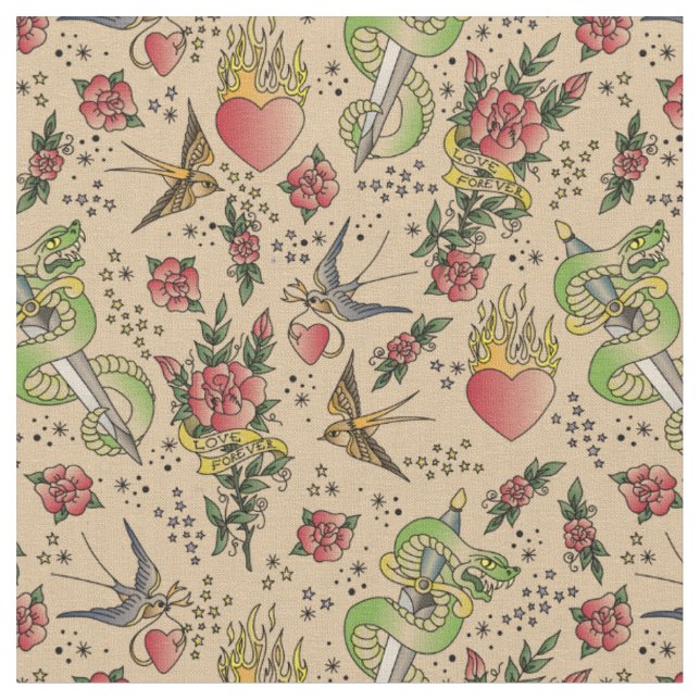 Retro Sailor Tattoo Print Vintage Fabric (Close Up)