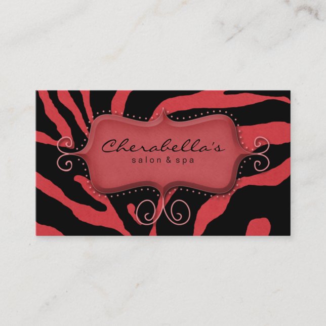 Retro Salon Spa Business Card Zebra Red (Front)