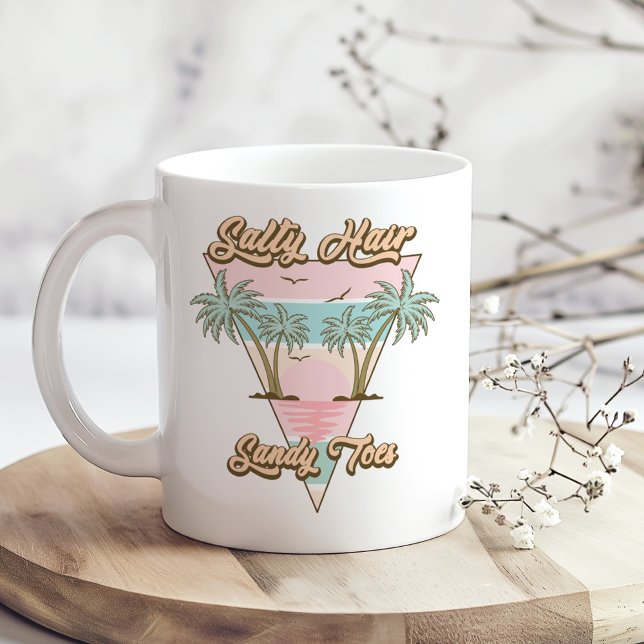 Retro "Salty Hair Sandy Toes" Beach Summer Coffee Mug (Retro "Salty Hair Sandy Toes" Beach Summer Coffee Mug on a sunny boho wooden kitchen table)