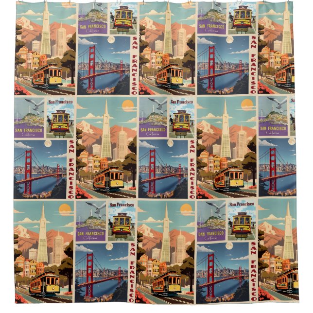 Retro San Francisco Batchwork Shower Curtain (Front)