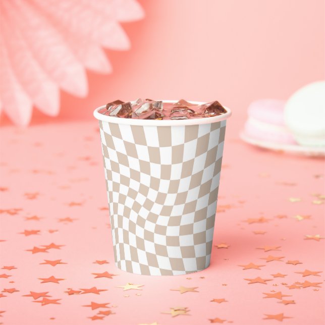 Retro Sand Rose Pink Pastel Warped Chequered Paper Cups (Insitu)