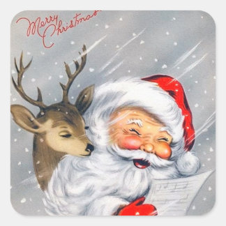 Retro Santa and Reindeer Singing Christmas Song Square Sticker