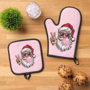 Retro Santa Christmas Blowing Bubble Vintage  Oven Mitt & Pot Holder Set
