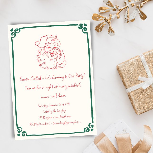 Retro Santa Christmas Party Whimsical Doodle Invitation (Creator Uploaded)