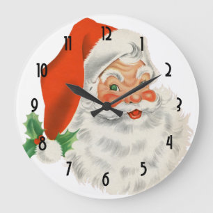 Retro Santa Claus and Holly Large Clock