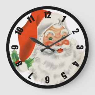 Retro Santa Claus and Holly Large Clock