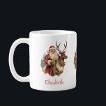 Retro Santa Claus and Reindeer Christmas Coffee Mug<br><div class="desc">A mug with a fun Christmas illustration. Santa Claus in his traditional red suit riding a big antlered reindeer decorated with holly. A Christmas tree in the back.</div>