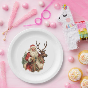 Retro Santa Claus and Reindeer Christmas Paper Plate