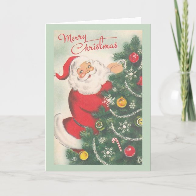 Retro Santa Claus and Tree Christmas Card (Front)