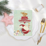 Retro Santa Claus Cut-Out With Presents Holiday Card<br><div class="desc">Retro aqua background with white splatters and stars.  Cut-out of Santa Claus with colourful,  decorated illustration of presents.  Orange and red typography wishing you a very Merry Christmas!</div>
