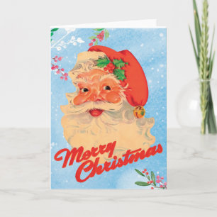 Retro Santa Claus Holly Snowy Blue Christmas Holiday Card