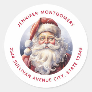 Retro Santa Claus in a Red Hat Christmas - Address Classic Round Sticker