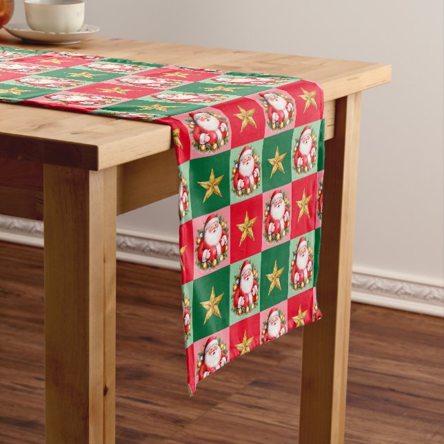 Retro Santa Claus Tartan Plaid Christmas  Short Table Runner (In Situ)