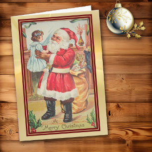 Retro Santa Examines the Doll Red Border Holiday Card