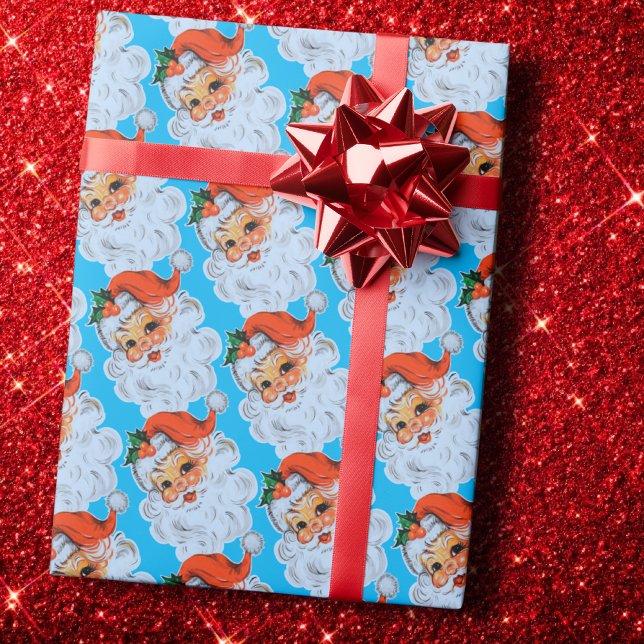Retro Santa face Christmas Blue Wrapping Paper (Creator Uploaded)