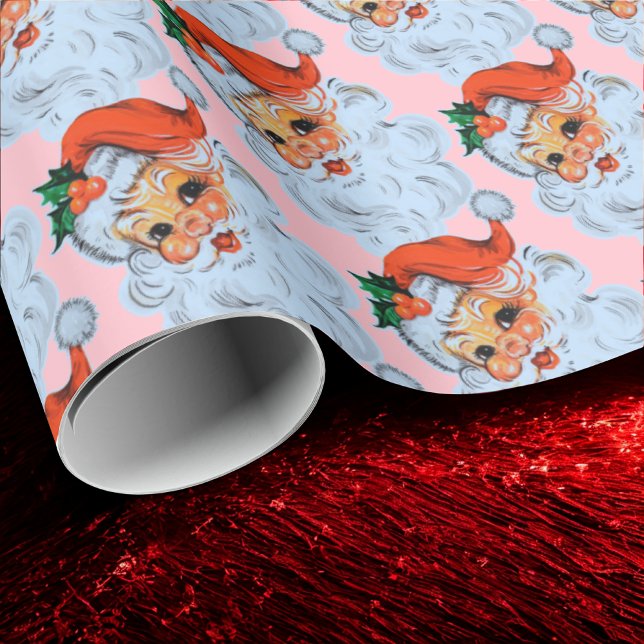 Retro Santa face Christmas Pink Wrapping Paper (Creator Uploaded)