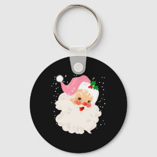 Retro Santa Face In Pink Hat Vintage Christmas San Key Ring