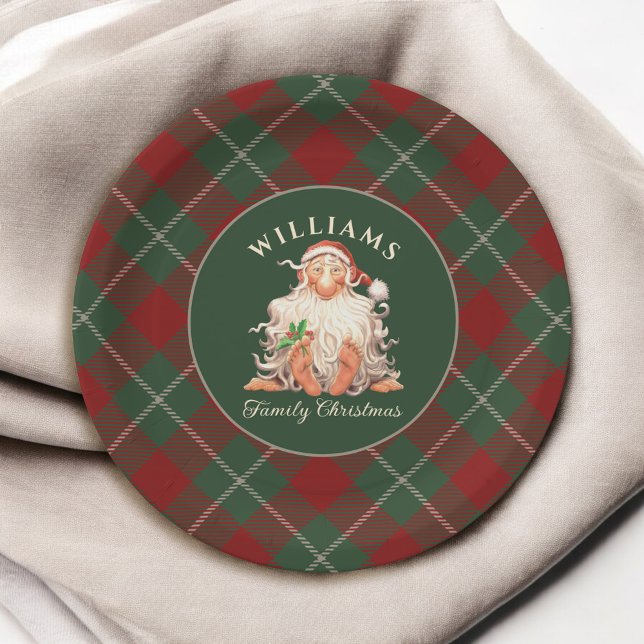 Retro Santa Family Christmas with Family Name Paper Plate (Creator Uploaded)