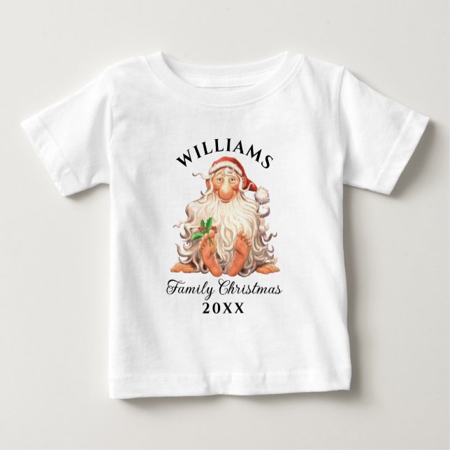 Retro Santa Family Christmas with Name and Year Baby T-Shirt (Front)