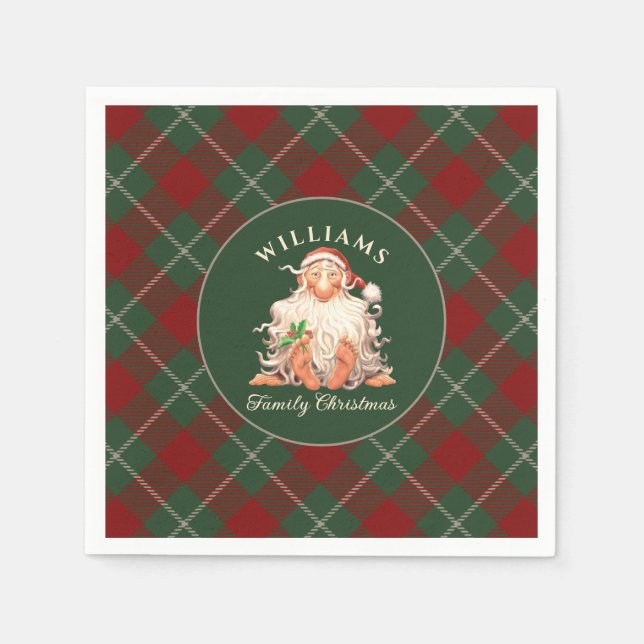 Retro Santa Family Christmas with Name and Year Napkin (Front)