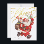 Retro Santa Gold Script Cheers Non-Photo Christmas Holiday Card<br><div class="desc">This festive non-photo holiday card features a vintage illustration of Santa. The faux gold script greeting on the front of the card says "Cheers". There is space for your names and the year. On the back of the card is a festive red and white stripe pattern which can be remove/edited......</div>