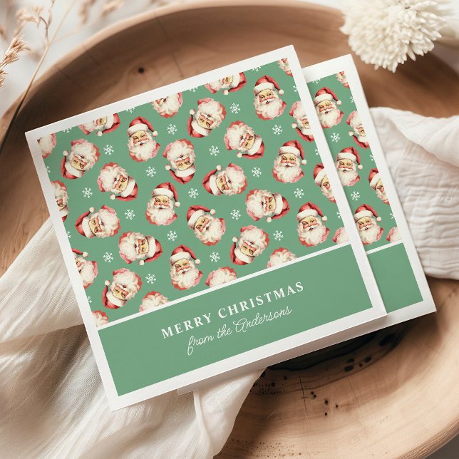 Retro Santa Green Personalised Name Christmas Napkin (Creator Uploaded)