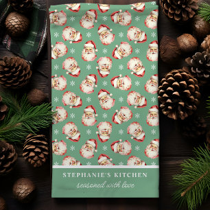 Retro Santa Green Personalised Name Christmas Tea Towel