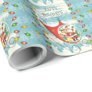 Retro Santa Helicopter Holiday Lights Aqua Blue Wrapping Paper