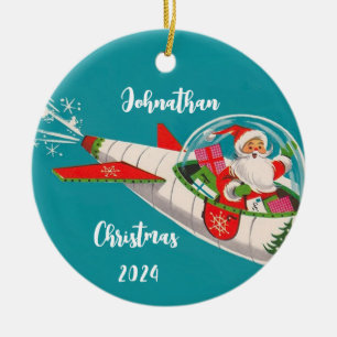 Retro Santa in Rocketship Personalized Ornament