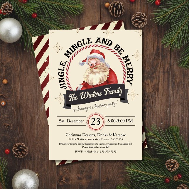 Retro Santa Jingle Mingle Be Merry Christmas Party Invitation (Ultra retro vintage Santa Claus Jingle Mingle and Be Merry Christmas party invitation printed)