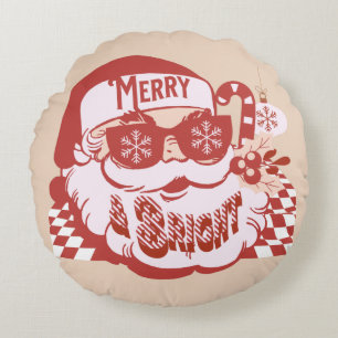 Retro Santa Merry and Bright Groovy Round Cushion